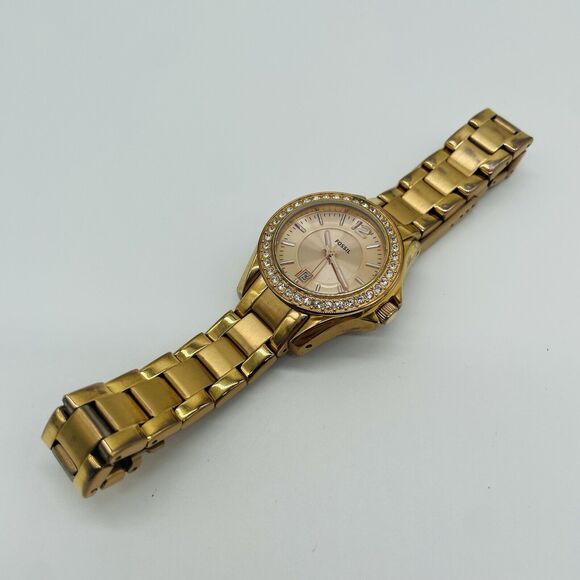 Fossil Mini Riley Watch Women Pave 30mm Gold Tone Date ES 2889 New Battery 6.5" - Picture 3 of 14